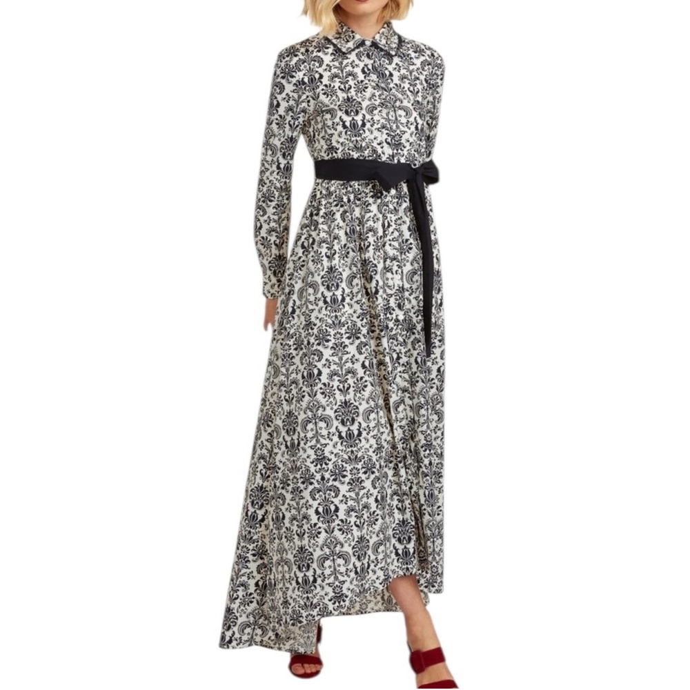 NWT Trish Scully Constance Maxi Dress Navy Damask Sz 14 Jewel Collar Long Sleeve